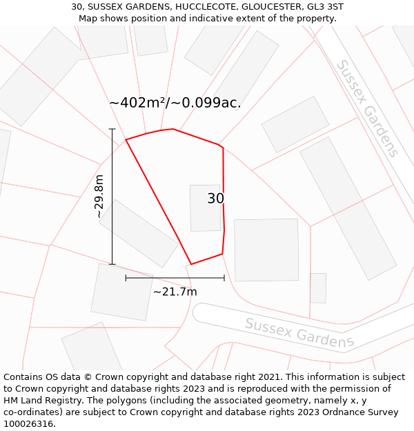 30, SUSSEX GARDENS, HUCCLECOTE, GLOUCESTER, GL3 3ST: Plot and title map