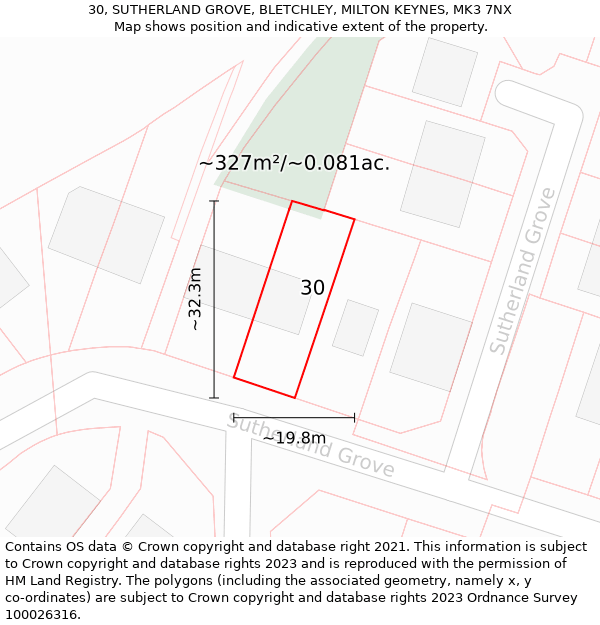 30, SUTHERLAND GROVE, BLETCHLEY, MILTON KEYNES, MK3 7NX: Plot and title map