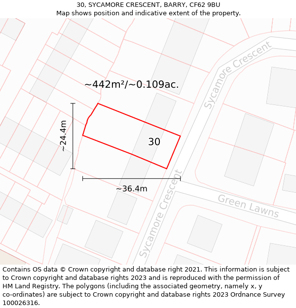 30, SYCAMORE CRESCENT, BARRY, CF62 9BU: Plot and title map