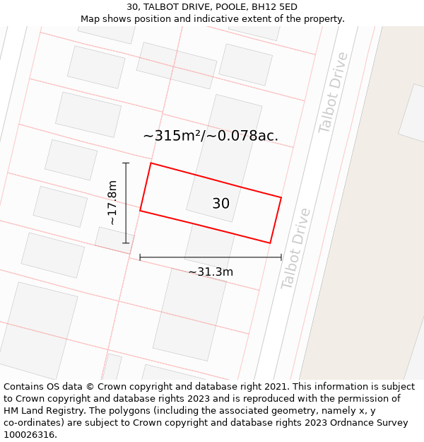 30, TALBOT DRIVE, POOLE, BH12 5ED: Plot and title map