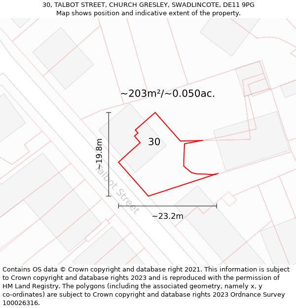 30, TALBOT STREET, CHURCH GRESLEY, SWADLINCOTE, DE11 9PG: Plot and title map