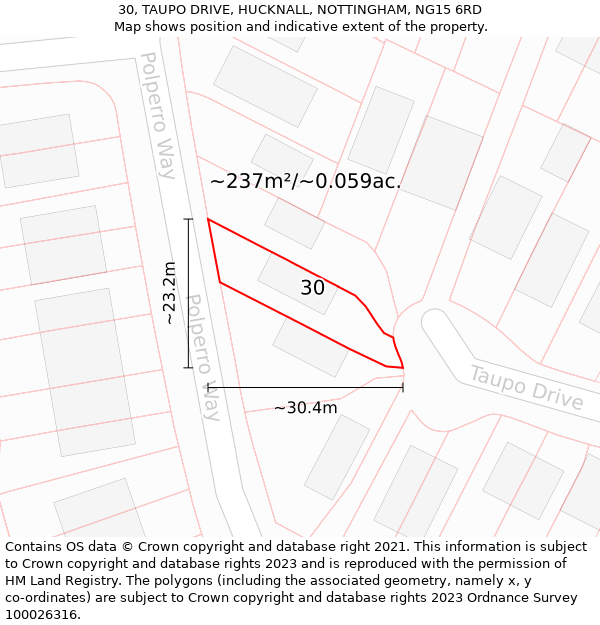 30, TAUPO DRIVE, HUCKNALL, NOTTINGHAM, NG15 6RD: Plot and title map