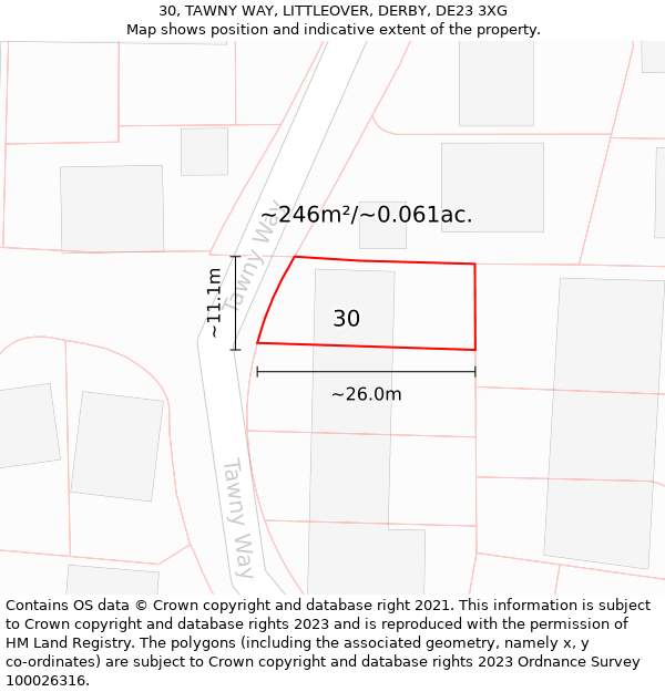 30, TAWNY WAY, LITTLEOVER, DERBY, DE23 3XG: Plot and title map