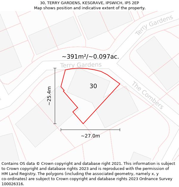 30, TERRY GARDENS, KESGRAVE, IPSWICH, IP5 2EP: Plot and title map