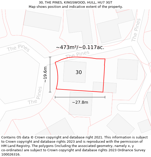 30, THE PINES, KINGSWOOD, HULL, HU7 3GT: Plot and title map