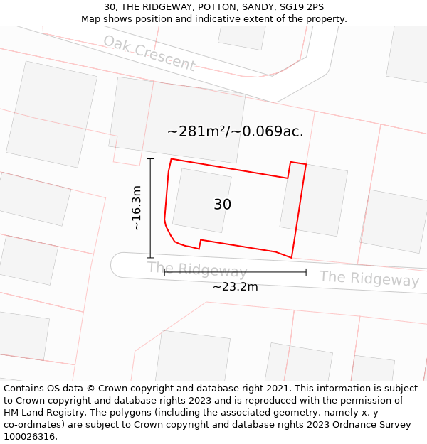 30, THE RIDGEWAY, POTTON, SANDY, SG19 2PS: Plot and title map