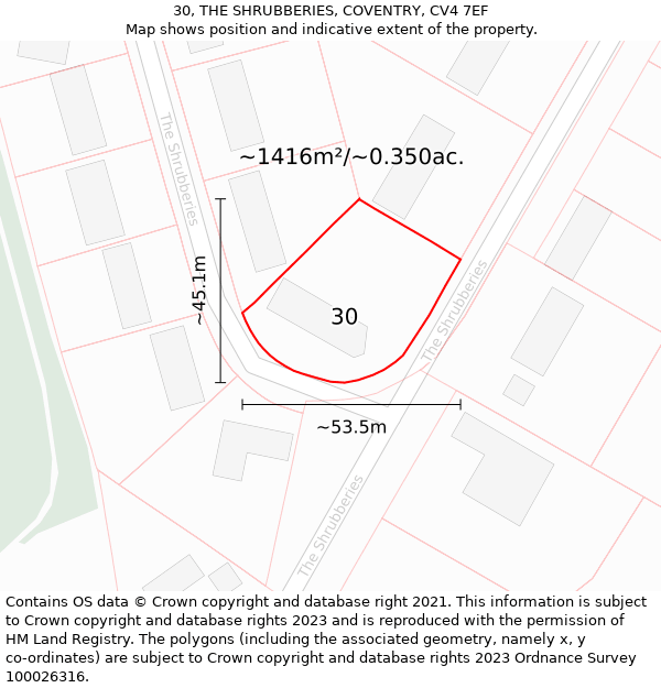 30, THE SHRUBBERIES, COVENTRY, CV4 7EF: Plot and title map