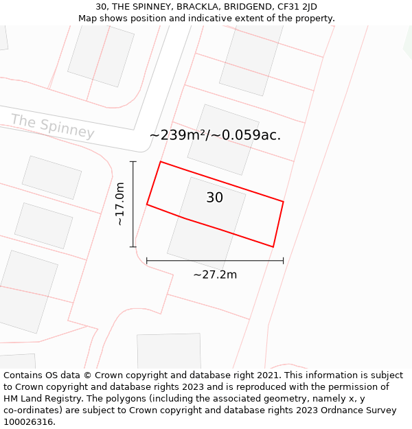 30, THE SPINNEY, BRACKLA, BRIDGEND, CF31 2JD: Plot and title map