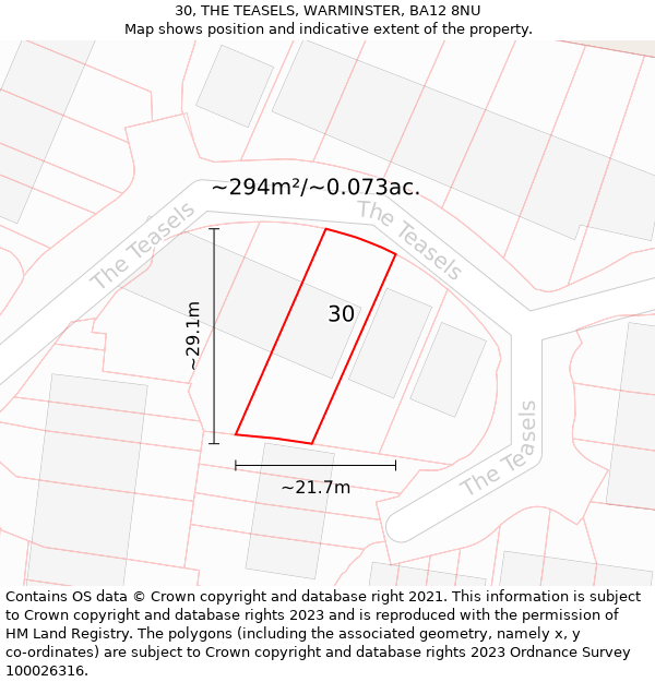 30, THE TEASELS, WARMINSTER, BA12 8NU: Plot and title map