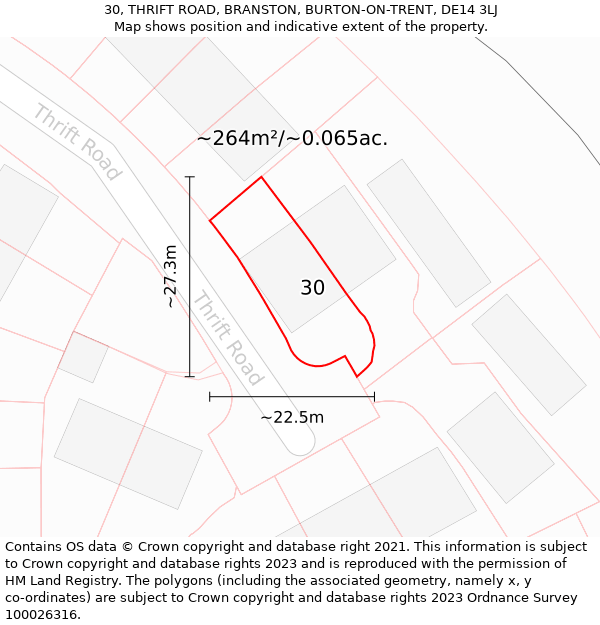 30, THRIFT ROAD, BRANSTON, BURTON-ON-TRENT, DE14 3LJ: Plot and title map