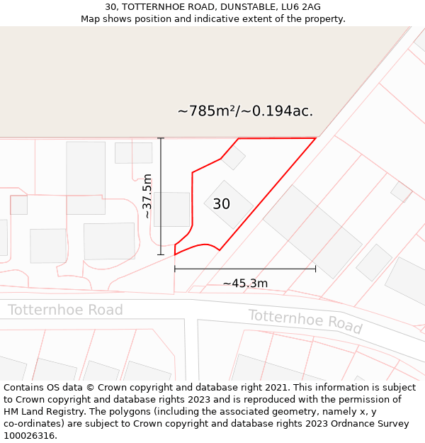 30, TOTTERNHOE ROAD, DUNSTABLE, LU6 2AG: Plot and title map