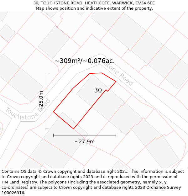 30, TOUCHSTONE ROAD, HEATHCOTE, WARWICK, CV34 6EE: Plot and title map