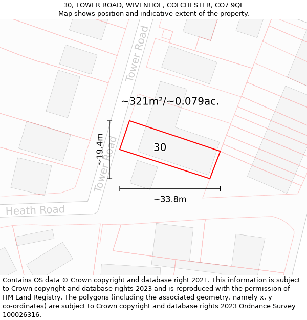 30, TOWER ROAD, WIVENHOE, COLCHESTER, CO7 9QF: Plot and title map