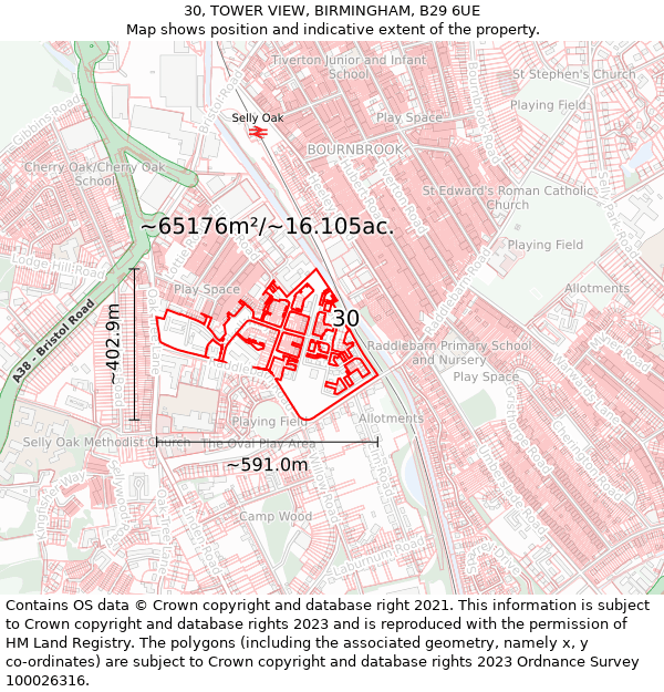 30, TOWER VIEW, BIRMINGHAM, B29 6UE: Plot and title map