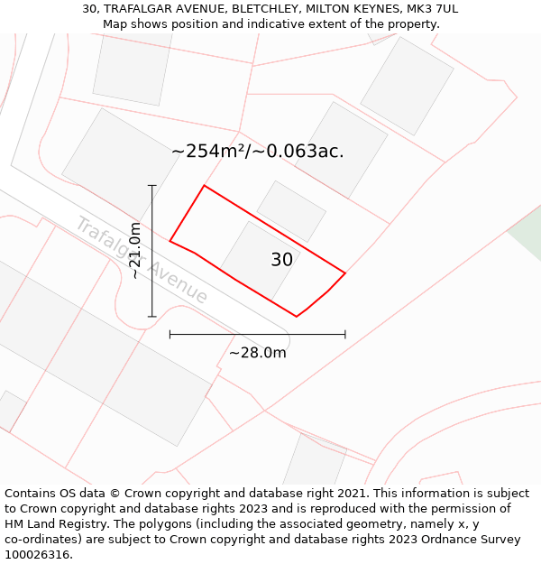 30, TRAFALGAR AVENUE, BLETCHLEY, MILTON KEYNES, MK3 7UL: Plot and title map