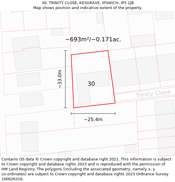 30, TRINITY CLOSE, KESGRAVE, IPSWICH, IP5 1JB: Plot and title map