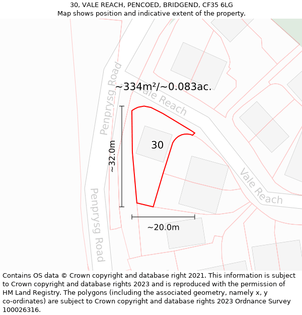 30, VALE REACH, PENCOED, BRIDGEND, CF35 6LG: Plot and title map