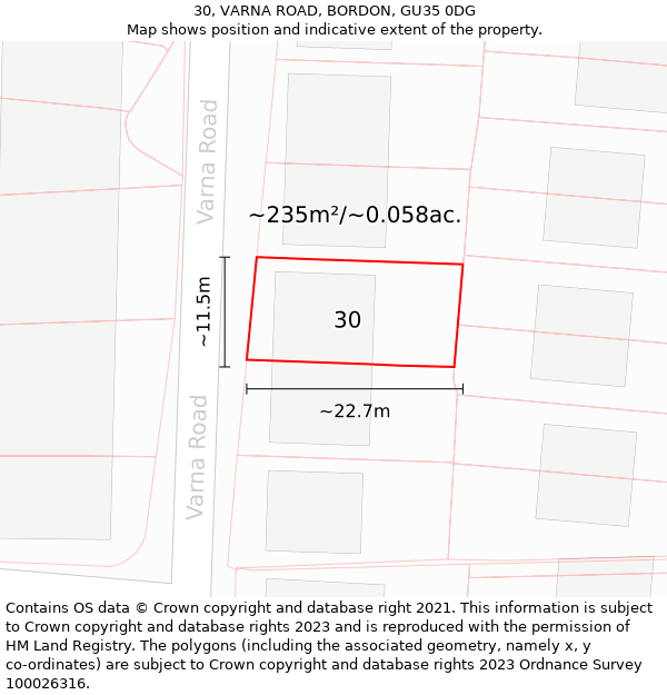 30, VARNA ROAD, BORDON, GU35 0DG: Plot and title map