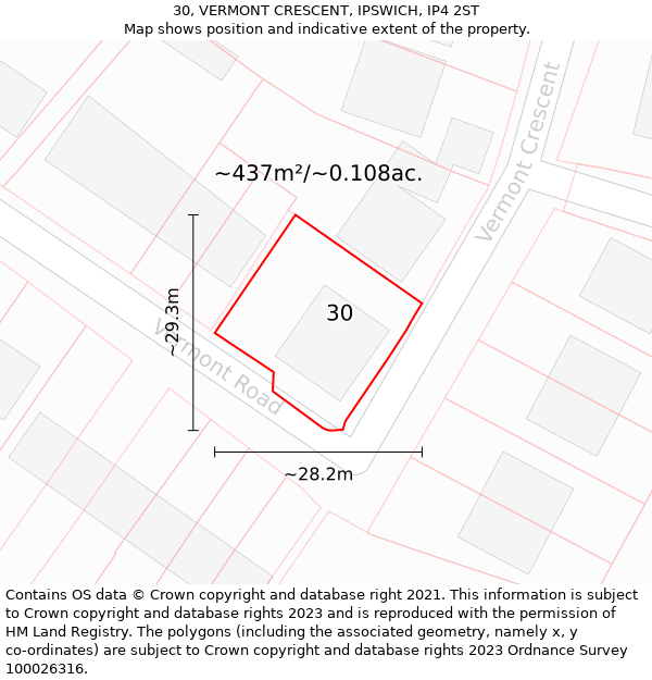 30, VERMONT CRESCENT, IPSWICH, IP4 2ST: Plot and title map