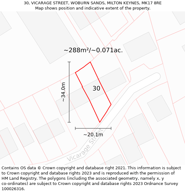 30, VICARAGE STREET, WOBURN SANDS, MILTON KEYNES, MK17 8RE: Plot and title map