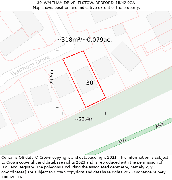 30, WALTHAM DRIVE, ELSTOW, BEDFORD, MK42 9GA: Plot and title map