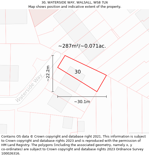 30, WATERSIDE WAY, WALSALL, WS8 7LN: Plot and title map