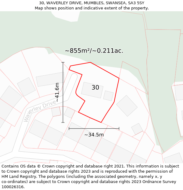 30, WAVERLEY DRIVE, MUMBLES, SWANSEA, SA3 5SY: Plot and title map