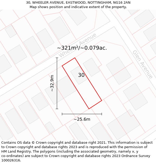 30, WHEELER AVENUE, EASTWOOD, NOTTINGHAM, NG16 2AN: Plot and title map