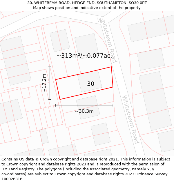 30, WHITEBEAM ROAD, HEDGE END, SOUTHAMPTON, SO30 0PZ: Plot and title map