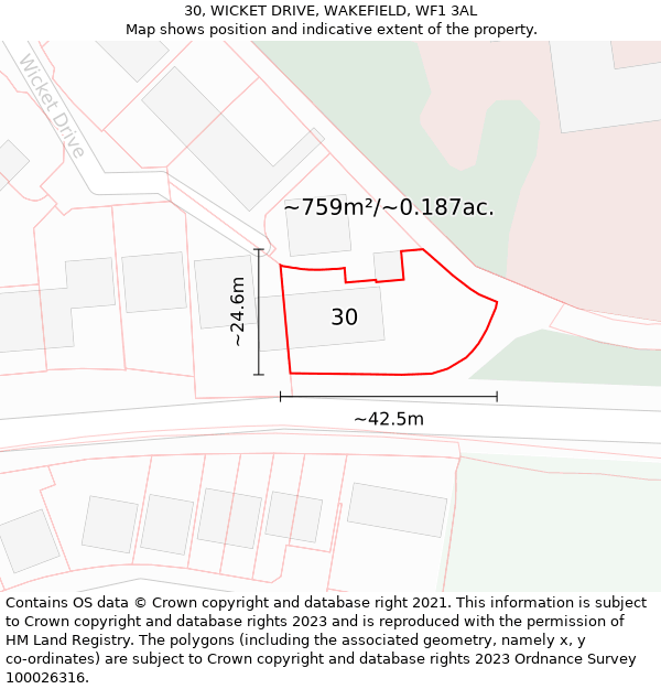 30, WICKET DRIVE, WAKEFIELD, WF1 3AL: Plot and title map