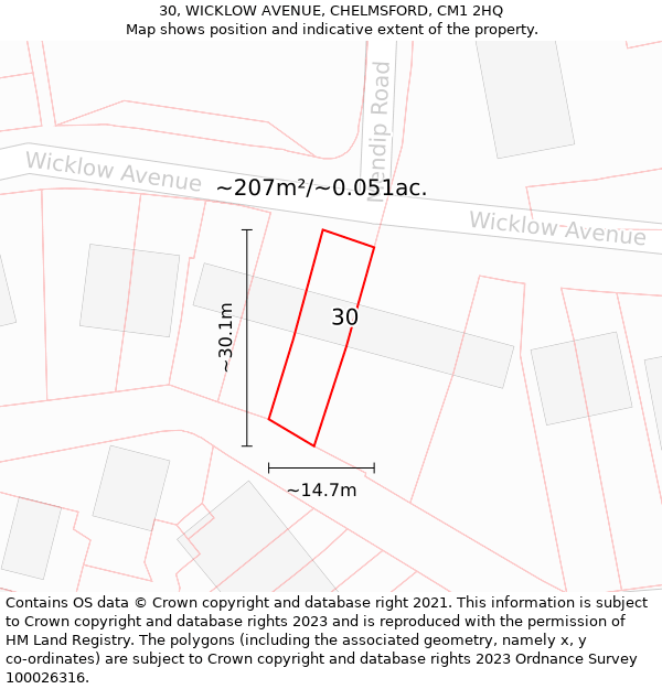 30, WICKLOW AVENUE, CHELMSFORD, CM1 2HQ: Plot and title map