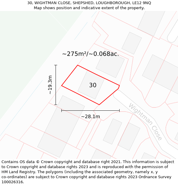 30, WIGHTMAN CLOSE, SHEPSHED, LOUGHBOROUGH, LE12 9NQ: Plot and title map