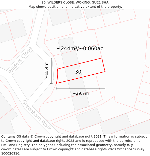 30, WILDERS CLOSE, WOKING, GU21 3HA: Plot and title map