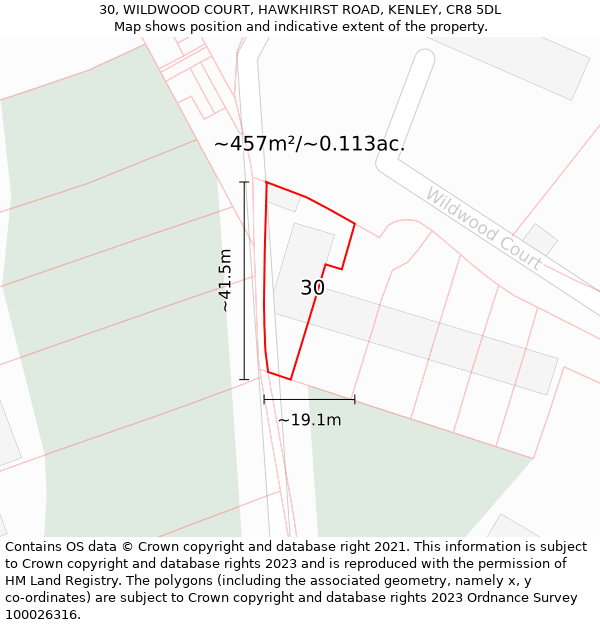 30, WILDWOOD COURT, HAWKHIRST ROAD, KENLEY, CR8 5DL: Plot and title map