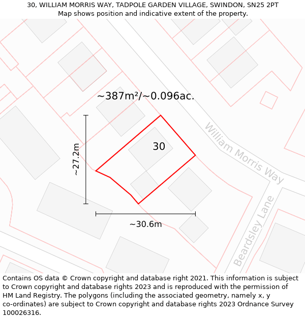 30, WILLIAM MORRIS WAY, TADPOLE GARDEN VILLAGE, SWINDON, SN25 2PT: Plot and title map