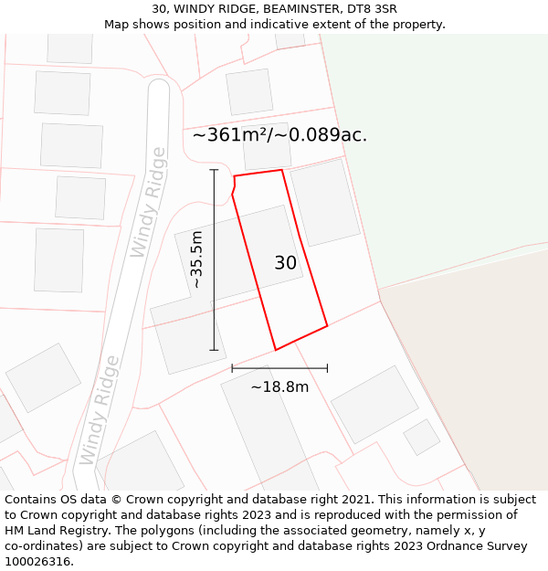 30, WINDY RIDGE, BEAMINSTER, DT8 3SR: Plot and title map