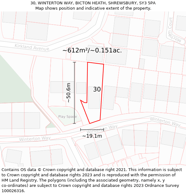 30, WINTERTON WAY, BICTON HEATH, SHREWSBURY, SY3 5PA: Plot and title map