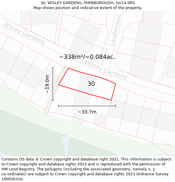 30, WISLEY GARDENS, FARNBOROUGH, GU14 0RS: Plot and title map