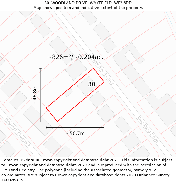 30, WOODLAND DRIVE, WAKEFIELD, WF2 6DD: Plot and title map