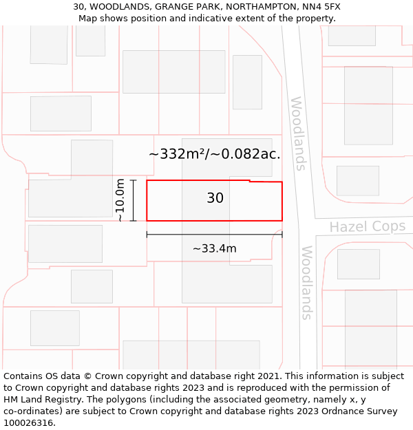 30, WOODLANDS, GRANGE PARK, NORTHAMPTON, NN4 5FX: Plot and title map