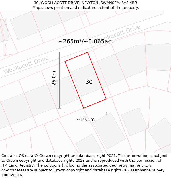 30, WOOLLACOTT DRIVE, NEWTON, SWANSEA, SA3 4RR: Plot and title map