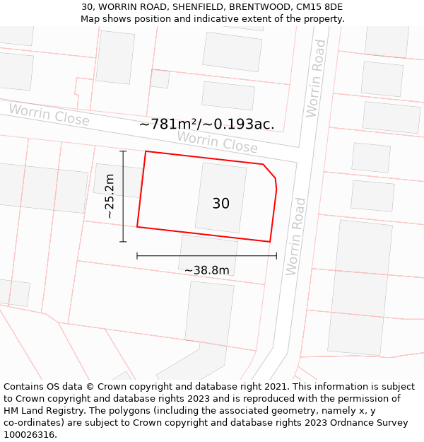 30, WORRIN ROAD, SHENFIELD, BRENTWOOD, CM15 8DE: Plot and title map