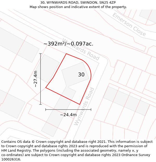 30, WYNWARDS ROAD, SWINDON, SN25 4ZP: Plot and title map