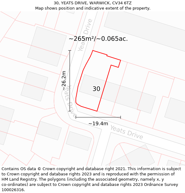 30, YEATS DRIVE, WARWICK, CV34 6TZ: Plot and title map