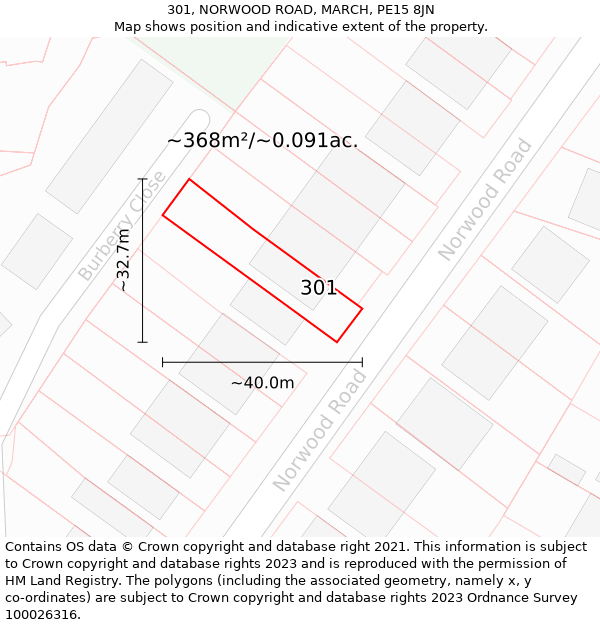 301, NORWOOD ROAD, MARCH, PE15 8JN: Plot and title map