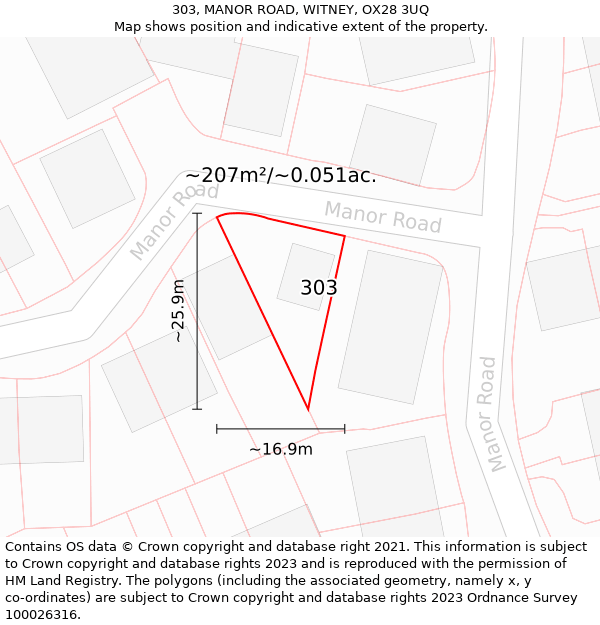 303, MANOR ROAD, WITNEY, OX28 3UQ: Plot and title map