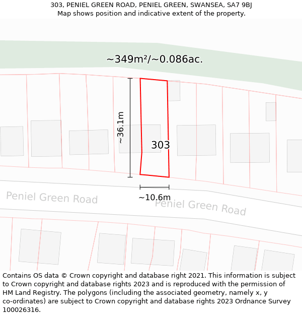 303, PENIEL GREEN ROAD, PENIEL GREEN, SWANSEA, SA7 9BJ: Plot and title map