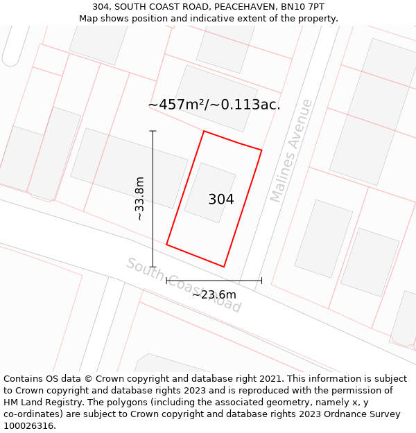 304, SOUTH COAST ROAD, PEACEHAVEN, BN10 7PT: Plot and title map