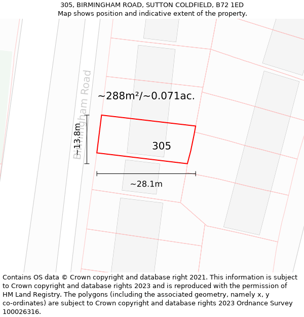 305, BIRMINGHAM ROAD, SUTTON COLDFIELD, B72 1ED: Plot and title map