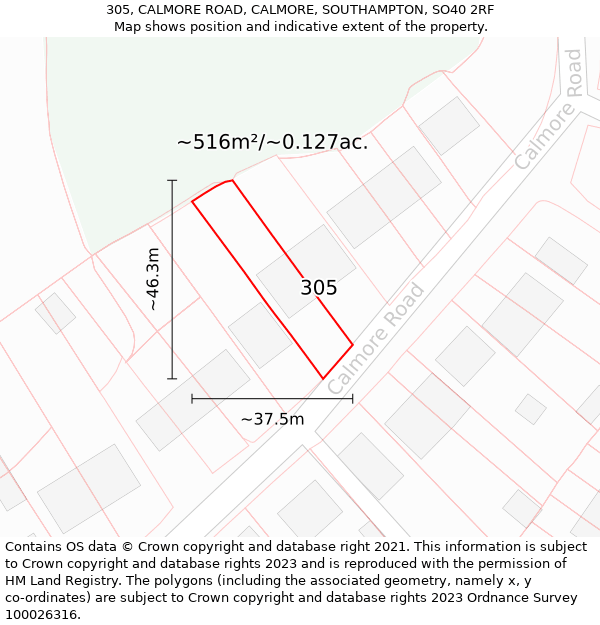 305, CALMORE ROAD, CALMORE, SOUTHAMPTON, SO40 2RF: Plot and title map